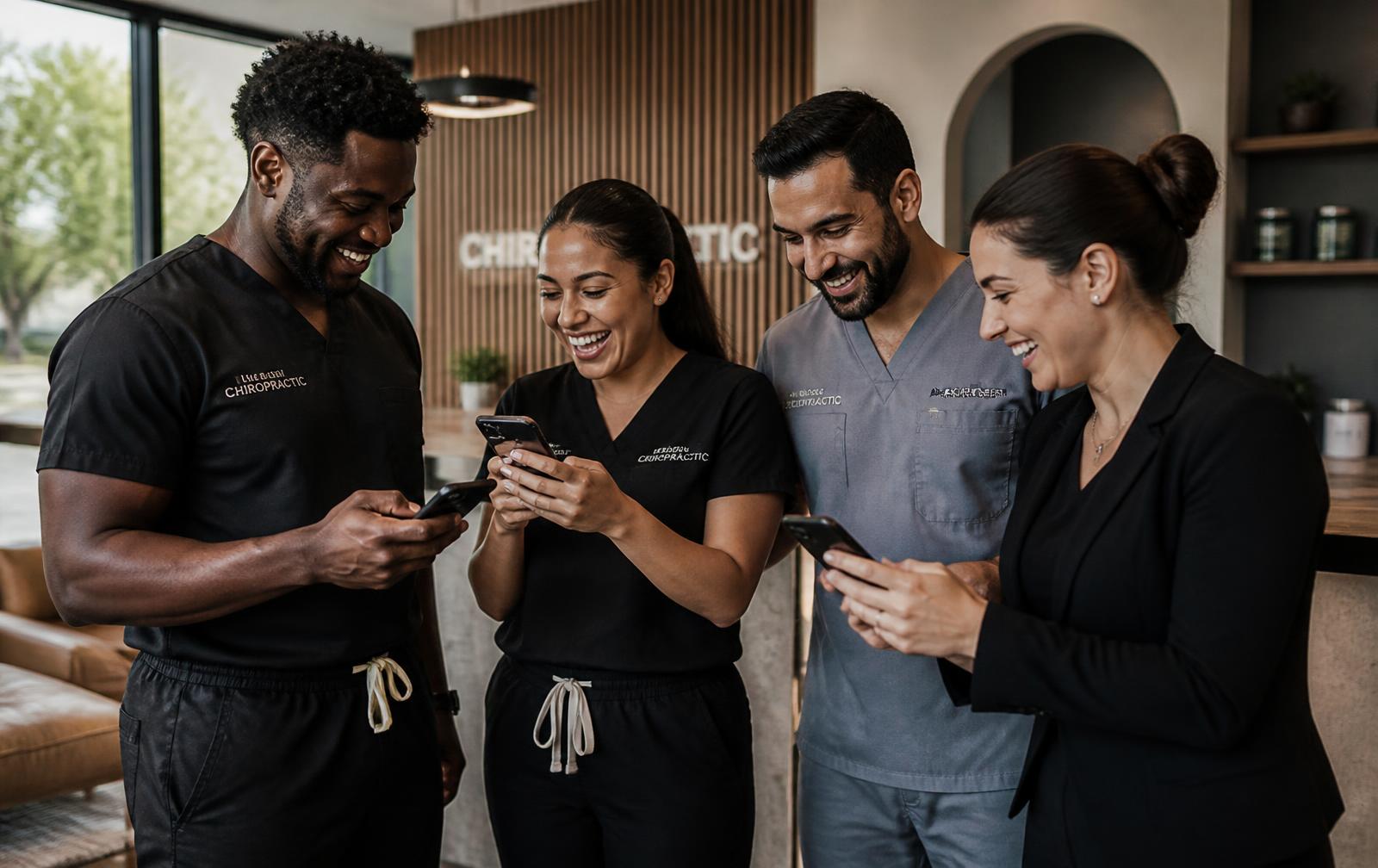 Diverse team of chiropractors laughing at a booking notification on their phones